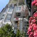 Das Gebäude der Löwenherz-Akademie in Bremen von außen, ein weißes Altbremer Haus mit Rosen im Vordergrund
