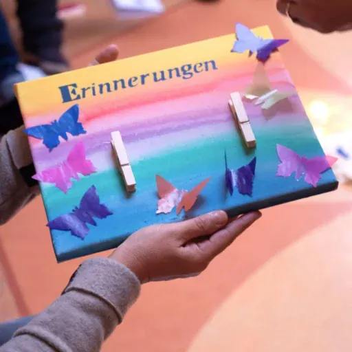 Ein Bild mit einem gemalten Sonnenuntergang, dem Wort Erinnerung und aufgeklebten Schmetterlingen aus Papier
